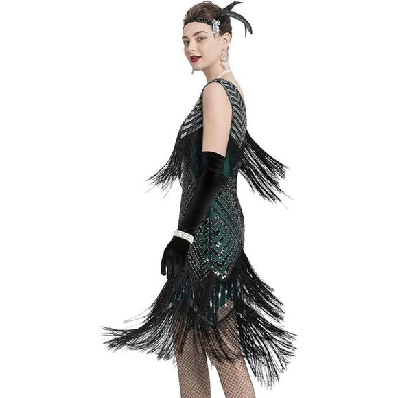 ✨💚 Flapper Great Gatsby 1920s Retro Tassel Fringe Sequin Green Dress S NEW - Picture 4 of 17